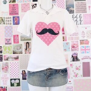 y2k mustache heart polo shirt white graphic size S/M